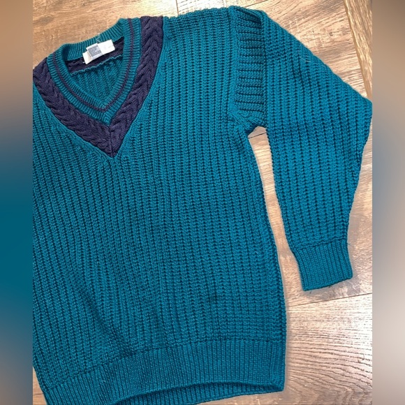 90s preppy blue striped tennis sweater Cable Knit Turquoise VNeck MEN Lg College - Picture 10 of 12